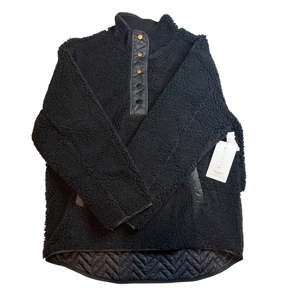Athleta Cozy Sherpa Snap Sweatshirt Black Fleece Quilted Pullover Large NWT